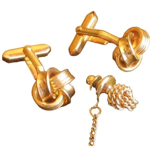 Estate True Vintage 60's Gold Knot Cufflinks & Tie Tack Set - Picture 1 of 2
